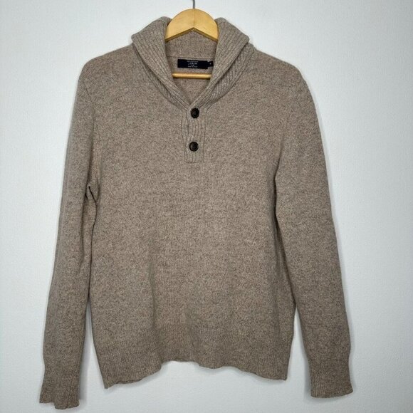 J Crew Lambswool Sweater Size M Tan Shawl Collar Grandpa - Picture 1 of 12
